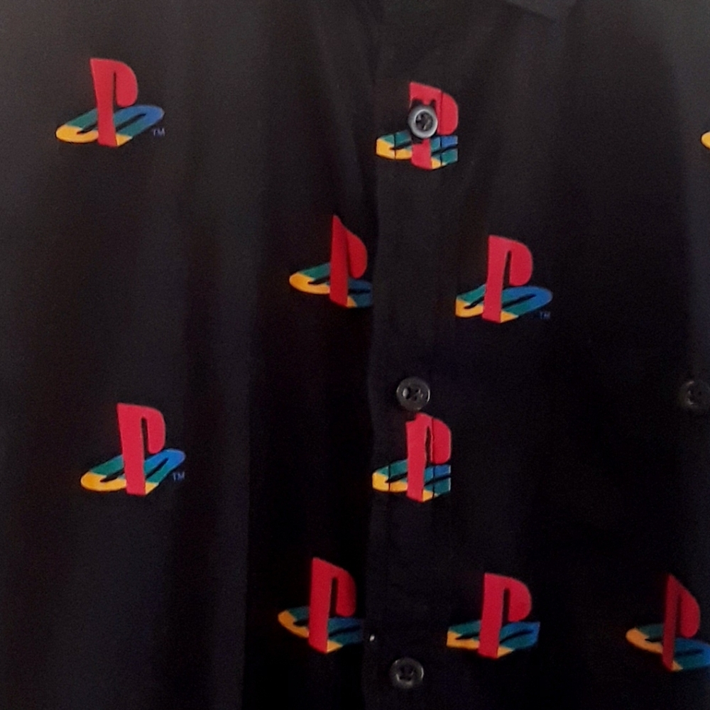 Licensed Sony Playstation Allover Logo Button Front Shirt - Size Medium Black - Picture 3 of 9